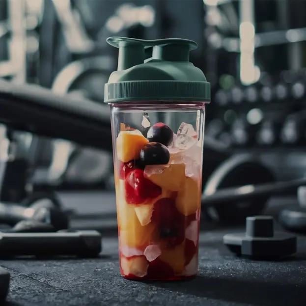 Eine mit Eis und verschiedenen Früchten gefüllte Shakerflasche steht auf dem Boden eines Fitnessstudios, umgeben von Hanteln und Trainingsgeräten im Hintergrund. Eine mit Eis und verschiedenen Früchten gefüllte Shakerflasche steht auf dem Boden eines Fitnessstudios, umgeben von Hanteln und Trainingsgeräten im Hintergrund.
